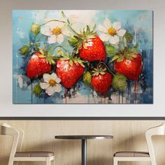 a painting of strawberries and flowers on a blue background