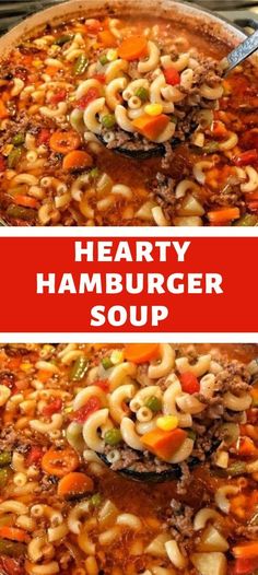 hearty hamburger soup with noodles and vegetables in a pot