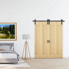 a bedroom with a bed, dresser and painting on the wall next to an open closet door