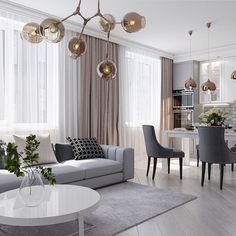 a living room filled with furniture next to a window covered in curtains and drapes