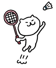 a drawing of a cat holding a tennis racquet in its right hand and throwing it up into the air