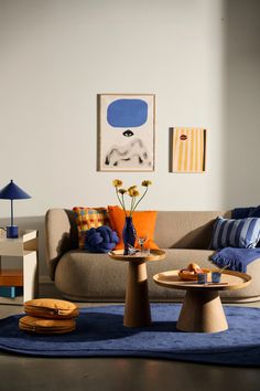 a living room filled with furniture and colorful pillows on top of a blue area rug