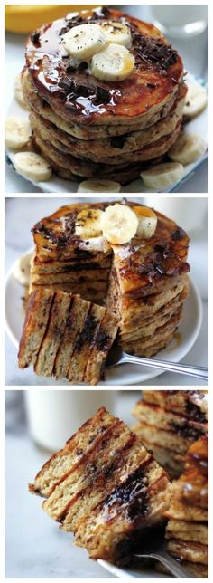 pancakes with banana slices and syrup on top are shown in three different pictures, one is cut