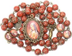 Red Coral Our Lady Sorrows Stone Beads Rosary Chaplet Necklace with Epoxy 7 Medallion Nazareth Store