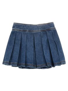 KIDS Pleated cotton denim skirt with front 'Medusa' button closure. Composition: 100% cotton Trendy Cotton Denim Skirt For School, Denim Blue Cotton Pleated Skirt, Pleated Denim Blue Cotton Skirt, Cotton Denim Mini Skirt For School, Cotton Mini Denim Skirt For School, Denim Skirt For School In Summer, Denim Skirt For School Summer Season, Summer Denim Skirt For School, Denim Skirt For Summer School