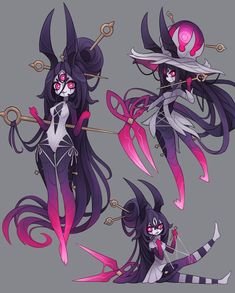 four different poses of an animated character with long black hair and pink eyes, holding two swords