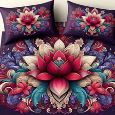 a bed with purple and red flowers on the comforter cover, along with matching pillow cases