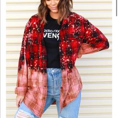 Nwt From Boutique. Oversized Fit. Bleached For Unique Look. Oversized Red Flannel Shirt For Fall, Oversized Flannel Spring Tops, Oversized Flannel Top For Spring, Fall Flannel Shirt With Long Sleeves For Day Out, Spring Oversized Flannel Top, Chic Oversized Plaid Tops, Oversized Fits, Women's Plaid Shirt, Bleach