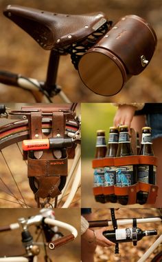 there are many different pictures of bicycles with leather bags on the handlebars and one has beer in it