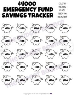 the printable emergency fund savings tracker is shown in black and white, with piggy numbers