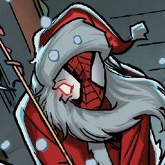 an animated santa claus is holding a pole and wearing a red suit with a white beard