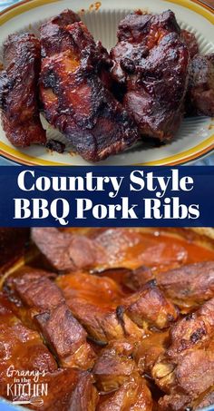 two pictures with different types of meat on them and the words country style bbq pork ribs