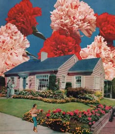 a painting of pink flowers in front of a house