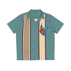 Nothing says "I love summer" like a Hawaiian shirt, and now, you can make this iconic garment even better by adding your own art to it. Made to have a boxy fit and a notch lapel collar that are perfect for any laidback scenario, these shirts come with a handy chest pocket and a 95% polyester and 5% spandex fabric for silky comfort. Choose between black or white buttons & customize it to taste.  .: Material: 95% polyester, 5% spandex .: Medium fabric (7.23 oz/yd²(245 g/m .: Boxy fit .: Chest pocket .: Black or white button options .: Sewn-in label Vacation Graphic Print Collared T-shirt, Johnny Collar Cotton Top With Graphic Print, Collared Graphic Print T-shirt For Vacation, Green Graphic Print Short Sleeve Shirt For Summer, Green Short Sleeve Shirt With Graphic Print For Summer, Casual Tops With Graphic Print And Lapel Collar, Casual Camp Shirt With Graphic Print And Johnny Collar, Retro Graphic Print Short Sleeve Shirt For Summer, Summer Graphic Print Short Sleeve Shirt With Camp Collar