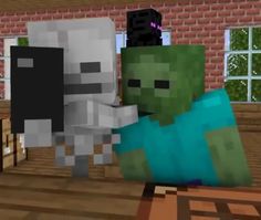 an animated image of two minecraft characters standing next to each other in a room