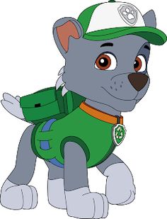 a cartoon dog wearing a green shirt and hat with a backpack on it's back