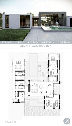 the floor plan for this modern house is very large and has two levels, with an open