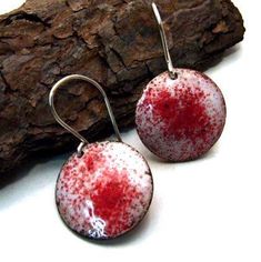 Enamel Earrings RED HOT Crimson Red and White Handmade Copper Enamel Earrings on Sterling Silver Wir Red Enamel Round Earrings, Red Round Enamel Earrings, Red Hand Painted Sterling Silver Jewelry, Red Hand Painted Earrings For Gift, Red Enamel Pierced Earrings, Red Pierced Enamel Earrings, Red Hand Painted Round Earrings, Red Enamel Earrings, Red Enamel Dangle Earrings