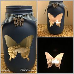 three different pictures of a blue jar with butterflies on it and some lights in the bottom