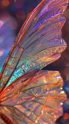 a close up of a butterfly wing on a blurry background with lights in the background