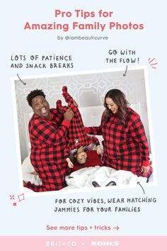 two people in red and black flannel pajamas on a bed with the caption pro tips for amazing family photos