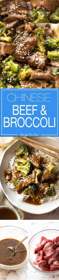 chinese beef and broccoli is shown in this collage with text overlay