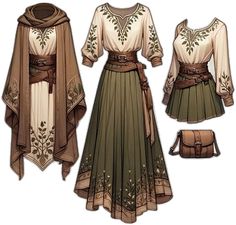 Fantasy Fashion Inspiration, Dnd Outfit Ideas, Lotr Inspired Outfits, Nature Inspired Outfits, Fantasy Inspired Outfits, Fantasy Outfits Design, Lotr Fanfic, Daydream Ideas, Rpg Clothing