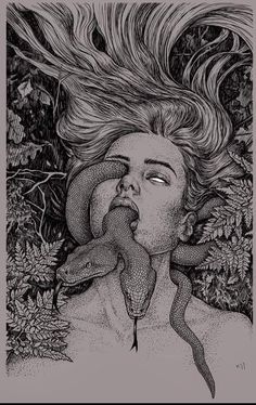 a black and white drawing of a woman with her hair blowing in the wind, surrounded by plants