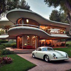 a white car parked in front of a large house with a circular design on it's side