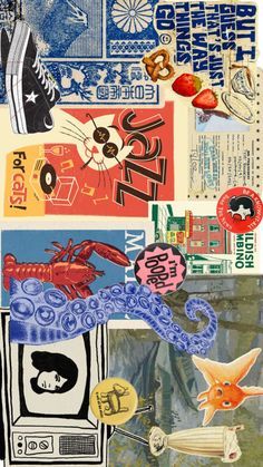 collage with various images and words on it, including an image of a cat