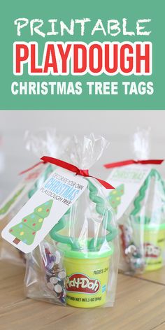 printable playdough christmas tree tags on a table with text overlay that says printable playdough christmas tree tags