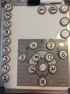 a baseball themed magnetic board with numbers and pins on the back for each team member