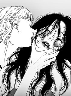 two women are kissing each other with their faces close to one another while the woman's face is drawn in black and white