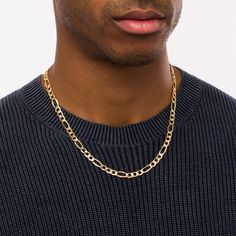 Your chic look isn't complete without this always on-trend hollow 14K gold figaro chain necklace for men. Crafted in hollow 14K gold This 7.2mm-wide figaro chain features oval-shaped links alternating with trios of smaller links. Great worn alone or layered with your other favorite chains or necklaces The 22.0-inch necklace secures with a lobster claw clasp. Formal Cuban Link Necklace With Figaro Chain, Formal 14k Gold Cuban Link Necklace With Figaro Chain, Classic Formal Cuban Link Necklace With Figaro Chain, Gold Figaro Chain, Chain Necklace For Men, Figaro Chain Necklace, Peoples Jewellers, Figaro Chains, Figaro Chain