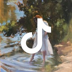 a painting with the letter j on it and a woman standing in water next to trees