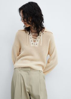 V-neck drawstring pullover - Woman | MANGO USA Cashmere Coat, Knit Fashion, Sweater Knit, Knitwear Women, Jumpers And Cardigans, Women Pullover, Light Beige, Emporio Armani, Vneck Sweater