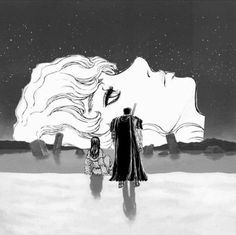 two people standing in the snow looking at an ice - covered mountain with stars above them