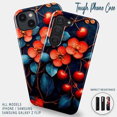 the case is designed to look like an apple tree with red flowers and blue leaves