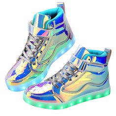 PRICES MAY VARY. Illuminate Your Steps: Step into the spotlight with these adult light up shoes! Designed for men and women, these high-top LED sneakers are the perfect blend of style and functionality. USB Rechargeable: These light-up sneakers come with a convenient USB recharging feature, allowing you to easily recharge the built-in lights for repeated use. Stay eco-friendly while enjoying the long-lasting illumination these LED Shoes provide. Glow in the Dark Technology: Be the center of atte Roller Derby Costume, Glow In The Dark Shoes, Shoes For Dancing, Dark Shoes, Alt Shoes, Iridescent Shoes, Dancing Party, Goth Boots, Light Up Sneakers