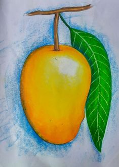 a drawing of an orange with a green leaf