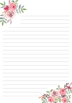 a blank lined paper with pink flowers on it