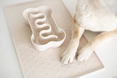 a dog is sitting next to a food dish on a mat that has been shaped like a bone