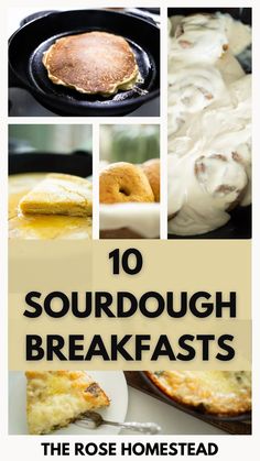 A photo collage of sourdough breakfast ideas. Text reads 10 sourdough breakfasts.