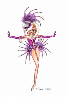 a drawing of a woman in a costume with feathers on her head and arms outstretched