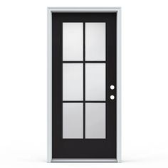 a black and white front door with glass panels on the side walk, isolated against a white background