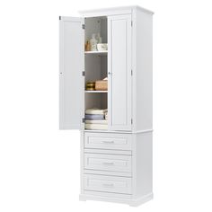 a tall white cabinet with drawers and shelves