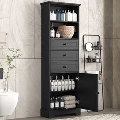 a bathroom with a black cabinet filled with lots of bottles