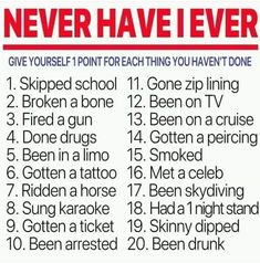 a poster that says never have i ever give yourself point for each thing you haven't done