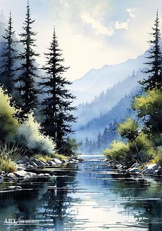 a painting of trees and water in the mountains