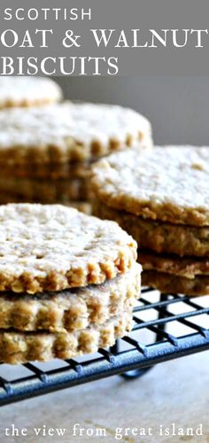 oat and walnut biscuits on a cooling rack with text overlay that reads, the view from great island